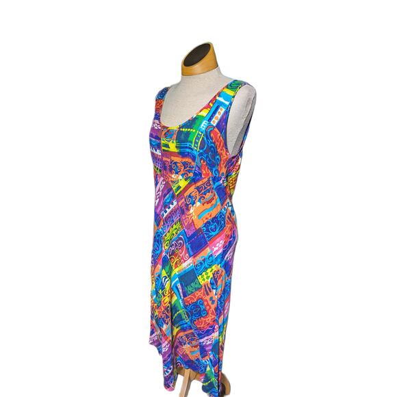 Vtg 1990s Jams World Colorful Geometric Patterned Basque Waist Midi Sun Dress L - Picture 1 of 4